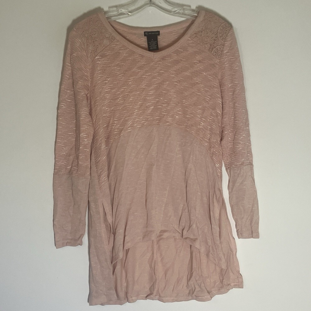 New Directions Sweater Womens Small Baby Pink Hi Low Boho Crochet V Neck‎ Casual